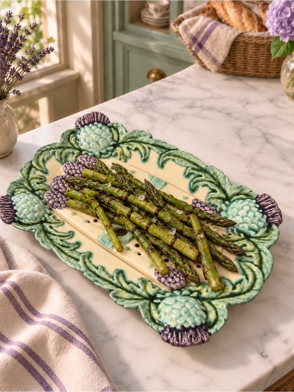 Vintage Ceramic Vegetable & Fruit Platter in Cream, Green & Purple